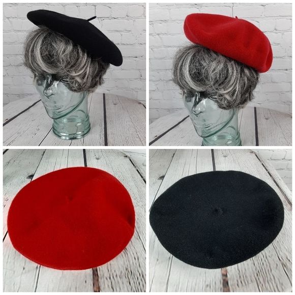 Vintage Thick Red Black Wool Reversible Beret Hat Stylish Retro Warm Cla… - Picture 1 of 7